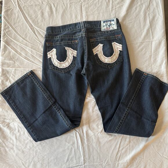 Vintage Y2K True Religion Jeans Relaxed Blue Made in USA 36x33 White Red Pockets - Picture 1 of 16